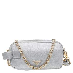 Pre Owned Prada Metallic Silver Lamé Fabric Shoulder Bag