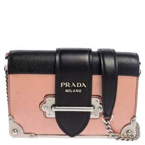 Pre Owned Prada Metallic Pink/Black Leather Cahier Shoulder Bag