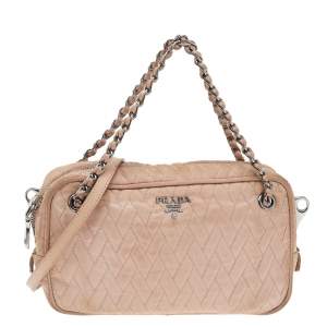 Pre Owned Prada Beige Quilted Nylon And Leather Small Tessuto Shoulder Bag