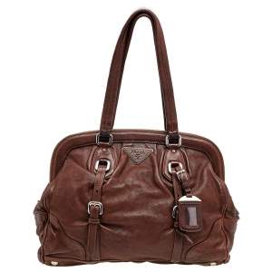 Pre Owned Prada Dark Brown Leather Frame Satchel