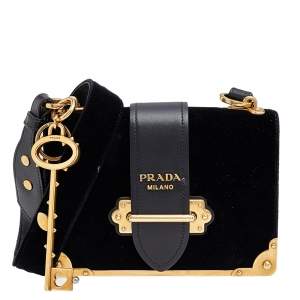 Pre Owned Prada Black Velvet And Leather Cahier Shoulder Bag