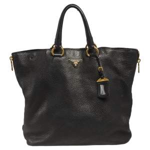 Pre Owned Prada Black Vitello Daino Leather Side Zip Tote