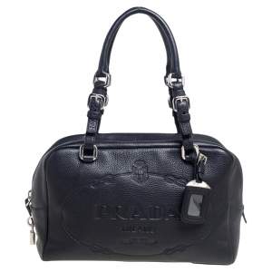Pre Owned Prada Black Pebbled Leather Logo Embossed Bauletto Satchel