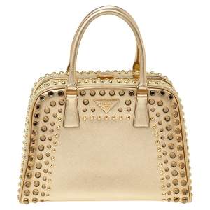 Pre Owned Prada Gold Saffiano Lux Leather Studded Pyramid Frame Satchel