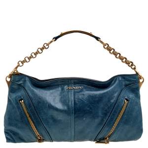 Pre Owned Prada Blue Leather Chain Shoulder Bag