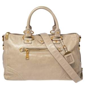 Pre Owned Prada Light Beige Leather East/West Bauletto Bag