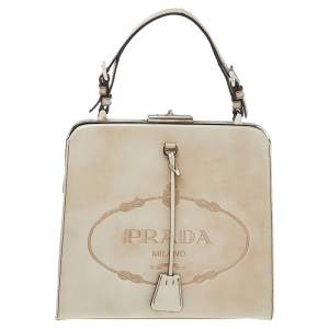 Pre Owned Prada Beige Patent Leather Spazzolato Frame Top Handle Bag