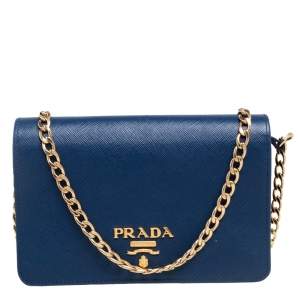Pre Owned Prada Blue Saffiano Lux Leather Flap Wallet On Chain