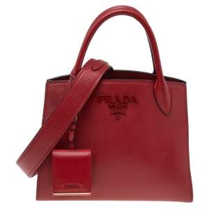 Pre Owned Prada Red Saffiano Cuir Leather Monochrome Tote