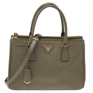 Pre Owned Prada Military Green Saffiano Lux Leather Small Double Zip Tote