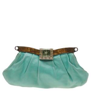 Pre Owned Prada Light Green Crocodile/Lizard and Leather Frame Clutch