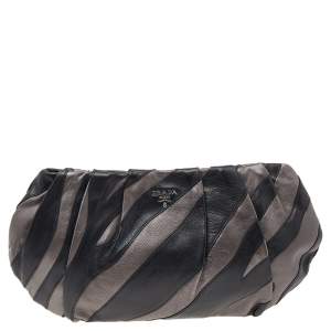 Pre Owned Prada Grey/Black Leather Striped Zip Pouch
