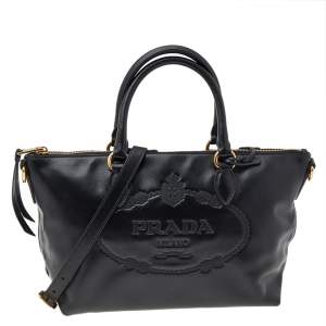 Pre Owned Prada Black Vitello Daino Leather Logo Embossed Tote