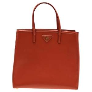 Pre Owned Prada Orange Saffiano Patent Leather Parabole Tote