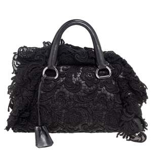 Pre Owned Prada Black Lace and Leather Dome Satchel