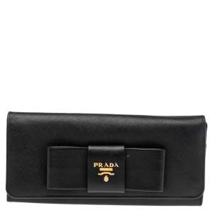 Pre Owned Prada Black Saffiano Leather Bow Continental Wallet