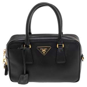 Pre Owned Prada Black Saffiano Leather Bauletto Top Handle Bag