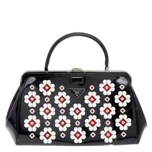 Prada Black Patent Leather Floral Hinge Top Handle Bag