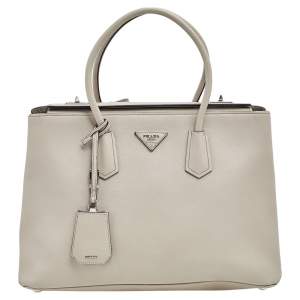 Pre Owned Prada Off White Saffiano Cuir Leather Medium Turnlock Twin Tote