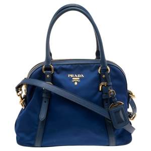 Pre Owned  Prada  Blue Nylon And Leather Zip Dome Satchel