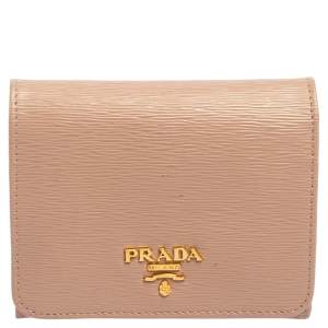 Pre Owned Prada Beige Saffiano Leather Compact Wallet