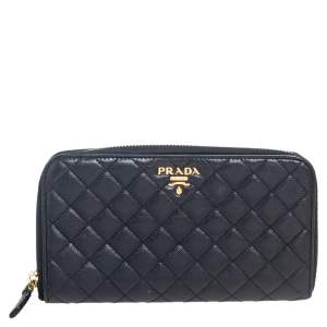 Pre Owned Prada Black Quilted Saffiano Metal Leather Zip Around Continental Wallet