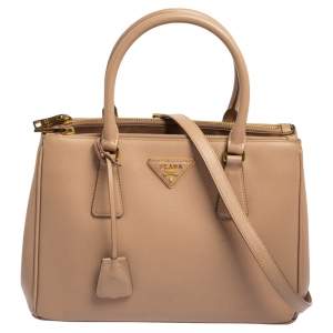Pre Owned Prada Beige Saffiano Lux Leather Small Double Zip Galleria Tote