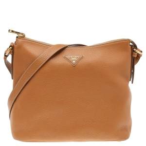 Prada Tan Vitello Leather Top Zip Shoulder Bag