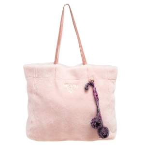 Pre Owned Prada Light Pink Shearling Pompom Shopper Tote