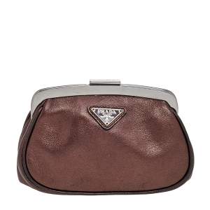 Pre Owned Prada Metallic Brown Leather Logo Plaque Coin Purse