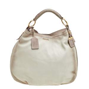 Pre Owned Prada Cream Leather Cervo Antik Hobo