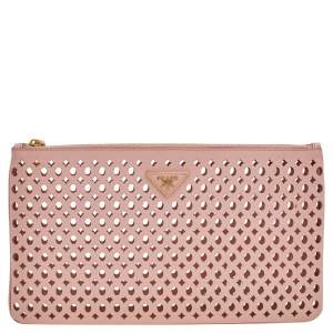 Pre Owned Prada Pink Cutwork Leather Clutch