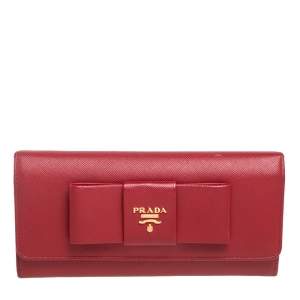 Pre Owned Prada Red Saffiano Lux Leather Bow Flap Continental Wallet