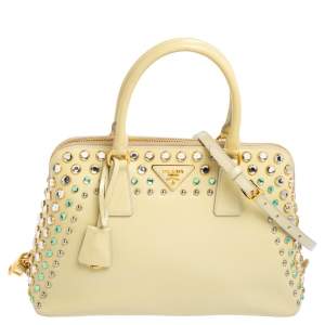 Pre Owned Prada Cream Saffiano Vernic Leather Crystal Embellished Pyramid Frame Satchel