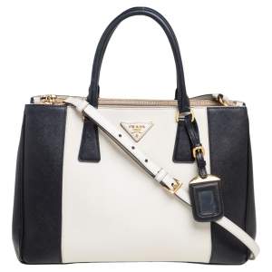 Pre Owned Prada White/Black Saffiano Lux Leather Medium Double Zip Tote