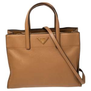 Pre Owned Prada Tan Saffiano Soft Leather Middle Zip Tote