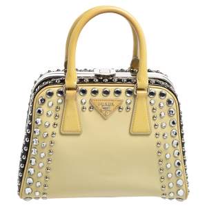 Pre Owned Prada Beige/Black Saffiano Patent Leather Studded Pyramid Frame Satchel