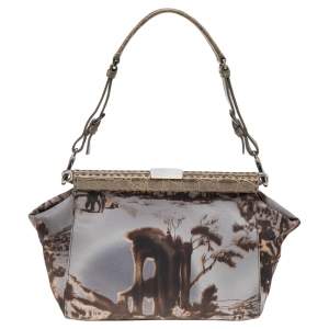 Pre Owned Prada Multicolor Printed Nylon and Crocodile Frame Satchel