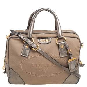 Pre Owned Prada Beige/Metallic Leather and Jacquard Canvas Logo Bauletto Bag