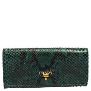 Pre Owned Prada Black/Green Python Flap Continental Wallet