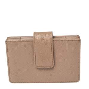 Pre Owned Prada Nude Saffiano Lux Leather Gusset Card Holder