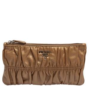 Pre Owned Prada Metallic Beige Leather Gaufre Pouch Wallet