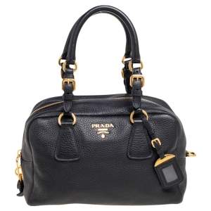 Pre Owned Prada Black Pebbled Leather Bauletto Satchel