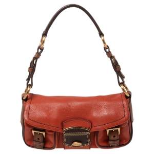 Prada Orange/Brown Leather Double Pocket Shoulder Bag