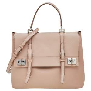 Pre Owned Prada Beige Saffiano Cuir Leather Double Turn Lock Top Handle Bag
