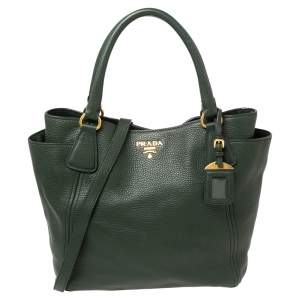 Pre Owned Prada Green Vitello Daino Leather Sacca 2 Manici Tote
