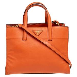 Pre Owned Prada Orange Saffiano Leather Triple Pocket Convertible Tote