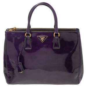 Pre Owned Prada Purple Patent Leather Large Double Zip Tote        