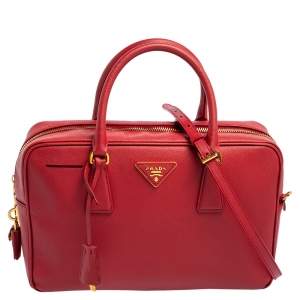 Pre Owned Prada Red Saffiano Lux Leather Zip Bauletto Bag