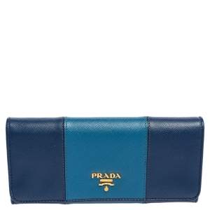 Prada Two Tone Blue Saffiano Lux Leather  Flap Continental Wallet